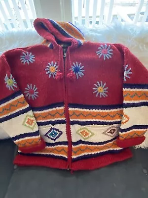 Natures Connection Wool Cotton Cardigan Ecuador Red Flowers L XL • $23