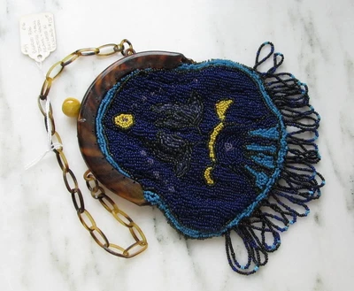 $49 • Buy Antique English Beaded Bag W/ Tortoise Shell Frame & Handle ETC3162