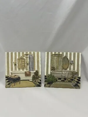 Vintage C. WINTERLE OLSON 3D Bathroom Bathtub Wall Art Tiles 5 1/2  Set Of 2 • $20