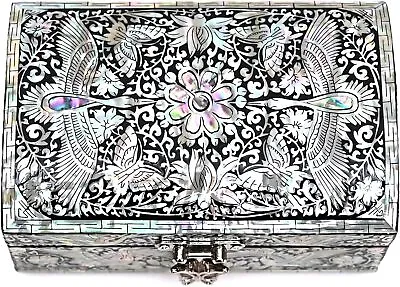 Mother Of Pearl Jewelry Trinket Box Mirror Lid Silver Black Cranes Handmade • $199.99