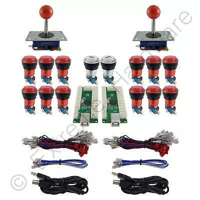 2 Player Arcade USB Control Kit 2 Ball Top Joysticks 14 LED Buttons Red MAME Pi • £47.99