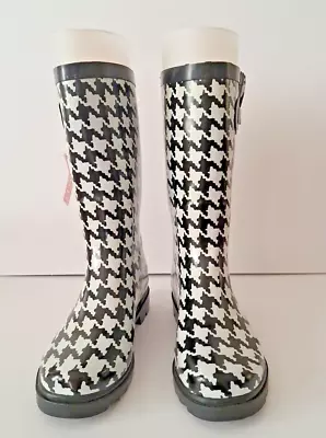 Merona Boots Woman's 8 Black & White Houndstooth Buckle Mid Calf Rain Rubber New • $22.97