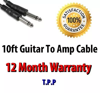 10ft Guitar To Amp Cable Lead Standard Straight 1/4 Connection Ends Jack Plug • £9.99