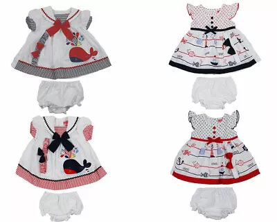 Baby Girls Sailor Sailing Dress Whale Fish Bow Headband Pants Outfit 0-9 M 58 59 • £9.52