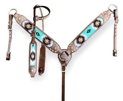 Browband Horse Headstall & Breast Collar Set With Wool Southwest Blanket Inlay • $99