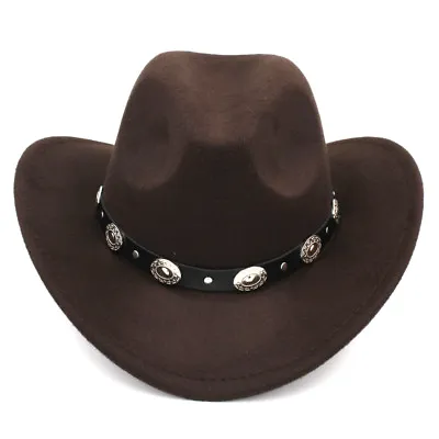 Boys Girls Western Cowboy Hat Kids Wide Brim Cowgirl Cap Wool Blend Leather Band • $12.99