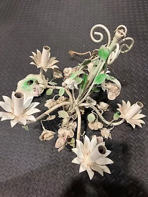 Vintage Italian Toile Chandelier -5 Arm Metal Light Pink.  White And Green • $125
