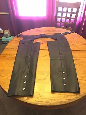RIVER ROAD MOTORCYCLE RIDING LEATHER CHAPS SIZE MEDIUM. Unhemmed. In Good Shape • $35