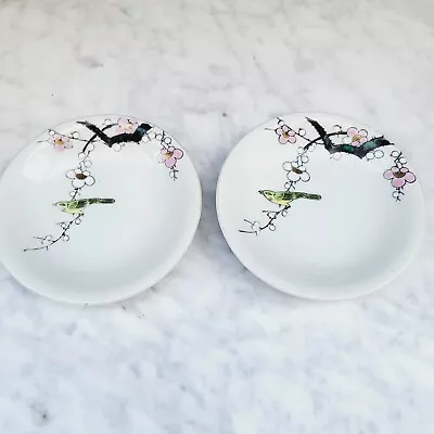 TWO Vintage Bird Wall Hanging 5  JAPAN Small Plates Porcelain Cherry Blossoms • $14