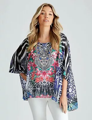 Katies Kaftan Top Size 20-22 RP$120 NEW 3/4 Sleeve Beaded Chiffon Tropical Print • $25.99