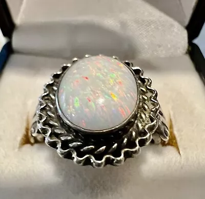 Vintage 🔑STERLING Silver OPAL Signed R B RUNNING BEAR Ring Size 6+ • $33.33