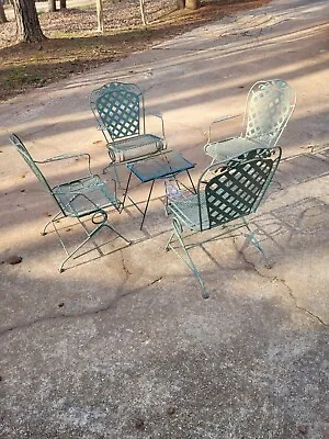 Vintage Green Wrought Iron Patio Side Table & 4 Waffle Design Chairs  • $345.99