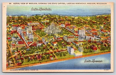 Madison Wisconsin~Air View City & State Capitol~Vintage Linen Postcard • $3.70