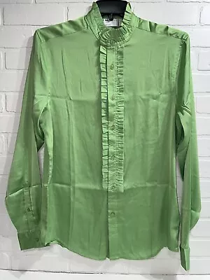 New In Bag! - ASOS Regular Satin Shirt With Ruffle Front - GREEN - MEDIUM $43 • $13.40