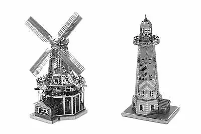 SET Of 2 Fascinations Metal Earth Lighthouse & Windmill 3D Steel DIY Model Kits • $15.95