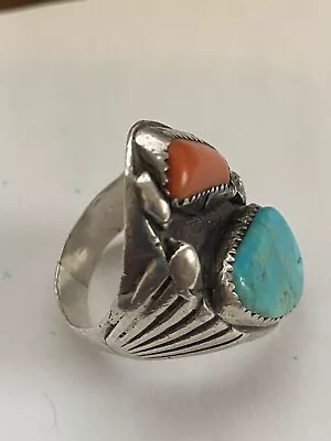 VTG Big Native American Sterling Turquoise Coral Men’s Ring Sz 11 1/4 Nice 23g • $170