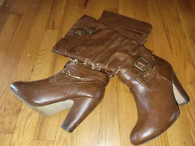 Used Worn Madden Girl Sherlock Brown Faux Leather Slouch Boots Knee High Sz 8.5 • $18