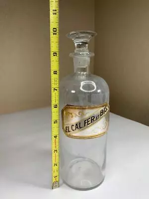 LARGE Antique Label Under Glass -- APOTHECARY PHARMACY BOTTLE W/ Stopper • $55