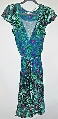 Rare MATTHEW WILLIAMSON H&M PEACOCK PRINT WRAP DRESS Sz S Blue Green Pink Sexy  • $39.99