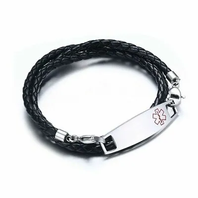 Stainless Steel Medical Alert ID Tag Braided Leather Bracelet Charm Wristband • £6.96