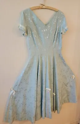 EUC 1950s Pale Blue Rayon Brocade Princess Seamed Party Dress With Bows Size XS • $65