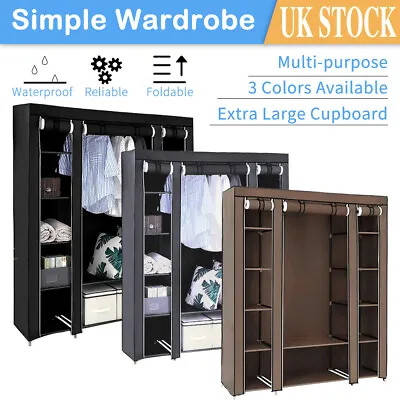 Fabric Canvas Wardrobe With Clothes Hanging Rail Shelves Large Storage Cupboard  • £17.99