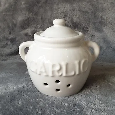 Small Ceramic Garlic Pot Storage Jar With Lid White Kitchen Decor H3.75  • £8.50