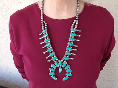 Vintage Sterling Silver & Block Turquoise Squash Blossom Necklace - 70 Grams • $480