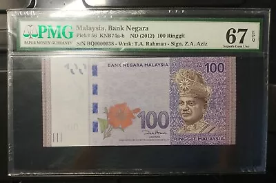 Malaysia Banknote Rm100 Pmg67epq Low Number Bq0000038 Zeti Gabenor • $118