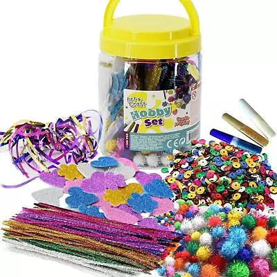 Kids Art & Craft Jar Mega Art Set Beads Pom Poms Paper Foam Glitter Hearts Glue • £5.49