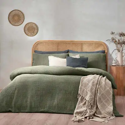 Chunky Waffle Bedding Eucalyptus Green Textured Modern Duvet Cover Set • £68.39