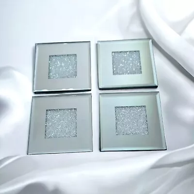 Set Of 4 4x Mirrored Clear Crystal Glass Sparkle Coasters Placemats Table Decor  • £6.99