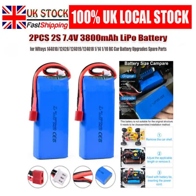 2X7.4V 3800mAh RC 2S LiPo Battery T Plug For Wltoys 144001 144010 124016 Boat UK • £21.99