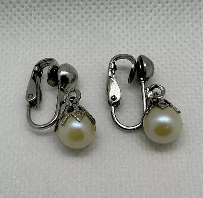 Vintage  Faux Pearl Clip-On Silver-tone Earrings • $5