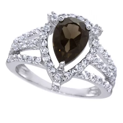 14K White Gold Plated White Topaz & Brown Smoky Quartz Halo Ring • $283.04