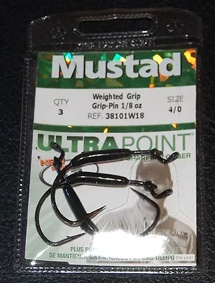 Pack Of 3 Mustad Ultra Point 38101W18-40 Weighted KVD Grip Pin 1/8 Oz 4/0 Hook • $6.99