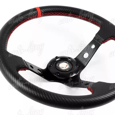 350mm Deep Dish Drift Red Stitch Carbon Pvc Leather 6-hole Racing Steering Wheel • $42.24