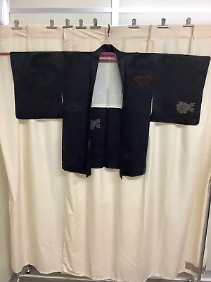 Japanese Vintage Kimono Haori Jacket Silk Black Embroidery Height 31.1inch • $58