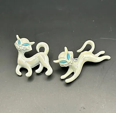 $14 • Buy Vintage White Iridescent Enamel Pair Cat Pins With Turquoise Eyes