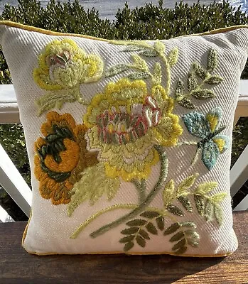 Vintage Crewel Embroidered Flower Throw Pillow Decorative Linen Zippered Pillow • $29.99