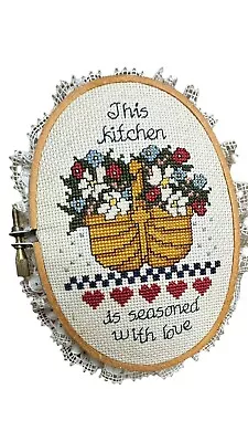 Vintage Handstitched Needlepoint “Seasoned With Love” Cottagecore Kitchen Decor • $15