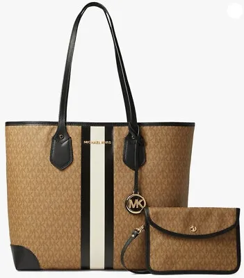 NEW Authentic MICHAEL KORS Signature EVA Monogram Large Tote Stripe Husk Brown • $235