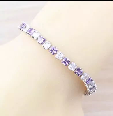 £17.99 • Buy Sterling Silver 925 Purple Lab-Created Amethyst  White Topaz Gemstone Bracelet
