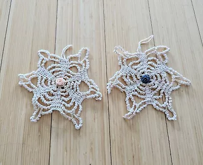 Vtg Crochet Snowflake/Flower Christmas Ornaments Cream Set Of 2 Flower Center • $9.99