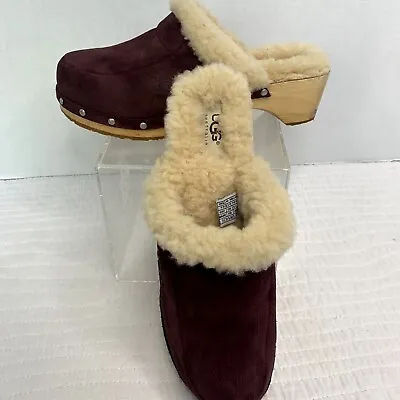 Ugg Australia Kalie Suede Sheepskin Shearling Lined Slip On Clogs SZ 9 Dark Brow • $40