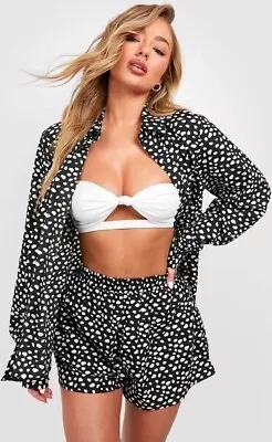 Boohoo Black & White Dalmation Animal Print Long Sleeve Shirt & Short Coord • £8.45