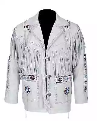 Men Native American Western Cowboy Real Leather Jacket Fringe & Beaded - White • $119.99