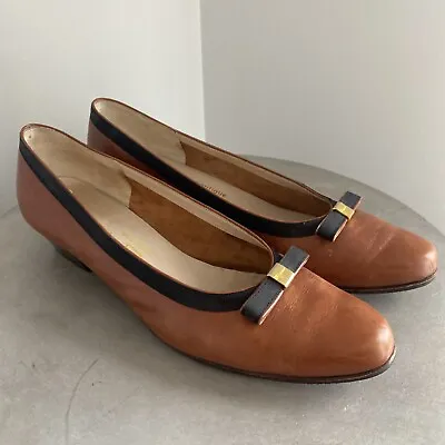 Salvatore Ferragamo AUS 8 VINTAGE 90s Designer Tan Leather Vara Bow Pump Shoes • $93.75