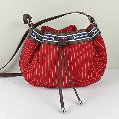 Vera Bradley Stripe Bag Purse Oval Red Stripe Beach Drawstring Shoulder Bag • $15.29