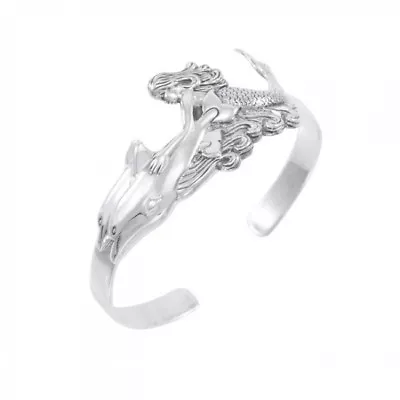 Mermaid & Dolphin Sterling Silver Cuff Bangle Bracelet By Peter Stone Jewelry • $246